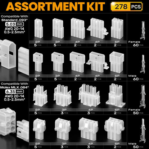278 piece assortment kit for 2-In-1 Connector Crimping Tool Kit For Molex Standard 0.093 And MLX 0.084 Connectors, 20-14 AWG Terminals