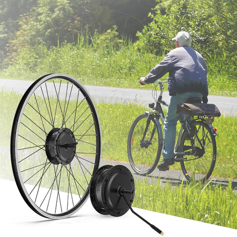 48V 500W Front Hub Motor Kit for 26 and 700C Electric Bike Conversion with front wheel and motor, man riding bike