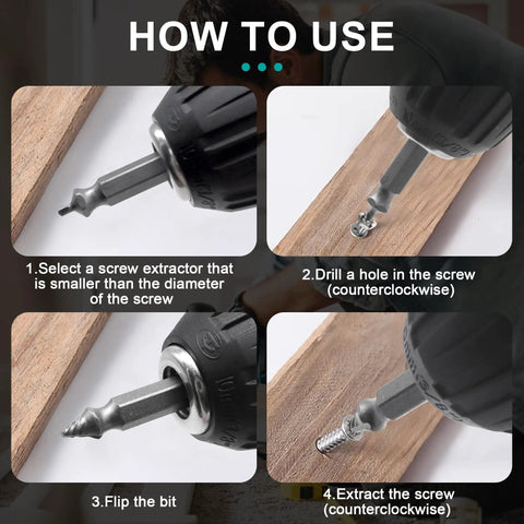 How to use Damaged Screw Extractor Set 6 Pack For Stripped Screws And Rusty Bolts Easy Out Removal Tool with drill examples.