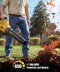 Man using Cordless Leaf Blower 650 CFM With 3 Speed Levels And 1200W Power for lawn cleanup