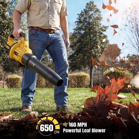 Man using Cordless Leaf Blower 650 CFM With 3 Speed Levels And 1200W Power for lawn cleanup
