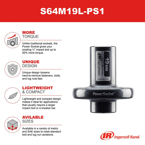 PowerSocket 19mm With Patent Pending Power Ring Delivers 50 Percent More Torque On Half Inch Impact Tools Loosens Stubborn Fasteners Bolts And Lug Nuts Faster For Maximum Productivity, compact design front view.