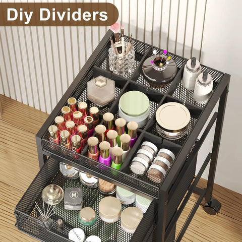 Rolling Makeup Cart Organizer With Three Drawers For Cosmetics And Skincare, Dividers For Easy Sorting, top view with cosmetics