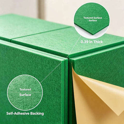 Peel And Stick Acoustic Wall Panels 12 Pack SoundProof Foam Tiles showing textured green surface and self-adhesive backing.