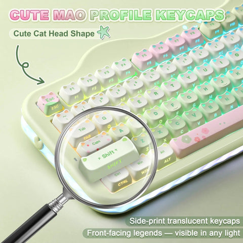 Butter Smooth Milk Switch Wireless Mechanical Keyboard With 98 Key Layout And Full Number Pad featuring cute cat head shaped keycaps.