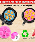 Two Pack 8.3 Inch Silicone Muffin Pan For 3Qt To 5Qt Air Fryers, Reusable Nonstick Baking Mold, shown with muffins and cupcakes