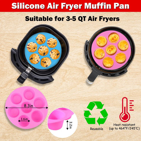 Two Pack 8.3 Inch Silicone Muffin Pan For 3Qt To 5Qt Air Fryers, Reusable Nonstick Baking Mold, shown with muffins and cupcakes