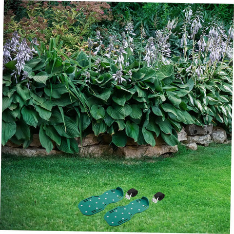 Adjustable Lawn Aerator Shoes With Durable Metal Spikes Easy Assembly 8 Pcs Garden Care Gear on lawn with plants