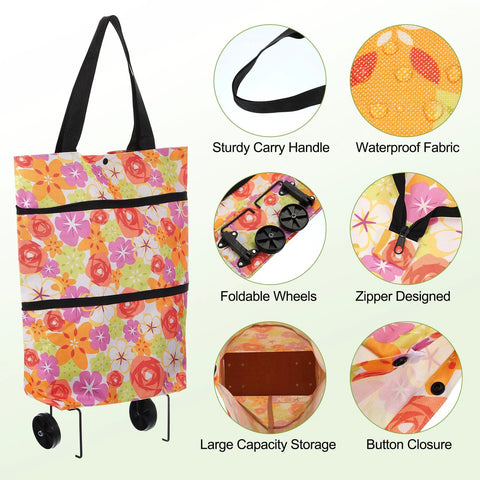 Floral folding shopping bag with wheels, showing sturdy carry handle, waterproof fabric, and foldable design for travel and shopping.