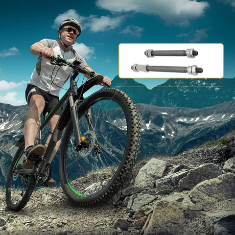 Mountain biker using Two Pack Bike Axle Set Featuring 108mm Hollow Front Shaft And 145mm Rear Hub Rod for quick trail setup.