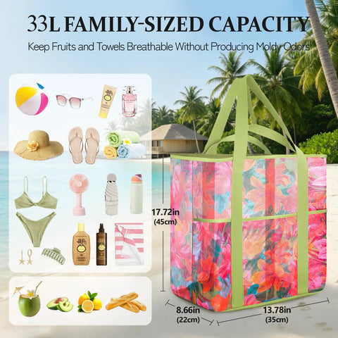 Detachable Pouch Mesh Beach Bag With Zip Pocket Quick Dry Sand Free Tote for pool or cruise, shown with beach essentials