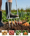 Gardener using 56 Inch 5-Tine Heavy Duty Broadfork With Rust-Resistant Steel Widened Foot Pedal And High-Strength All Steel Tines for clay soil