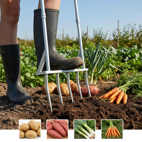 Gardener using 56 Inch 5-Tine Heavy Duty Broadfork With Rust-Resistant Steel Widened Foot Pedal And High-Strength All Steel Tines for clay soil