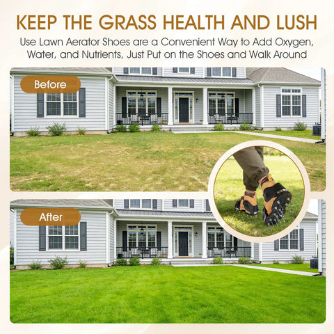 Before and after using Lawn Aerator Shoes With Spikes For Grass 5mm Metal Base Adjustable Straps Foot Protection Easy Install Spike Shoes For Yard Work And Lawn Care Aeration On Patios And Yards