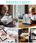Collage of people using Hand Free Magnifying Glass With Light On Stand, 50 Ultra Bright LEDs, Large 9x6 Inch Magnifier for various tasks.