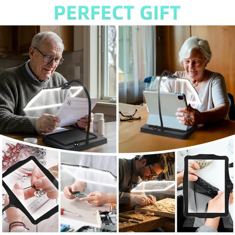 Collage of people using Hand Free Magnifying Glass With Light On Stand, 50 Ultra Bright LEDs, Large 9x6 Inch Magnifier for various tasks.