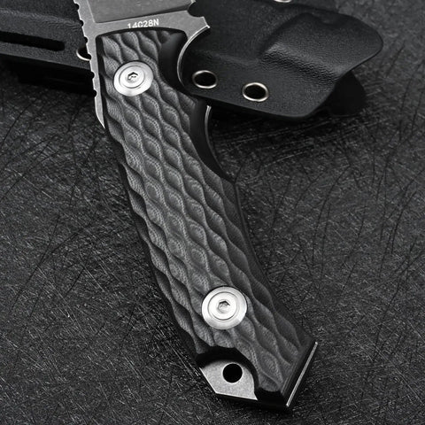 Close-up of the handle and tang of a Fixed Blade Knife With 14C28N Stainless Steel, Beefy Tactical EDC For Outdoor Camping And Survival.