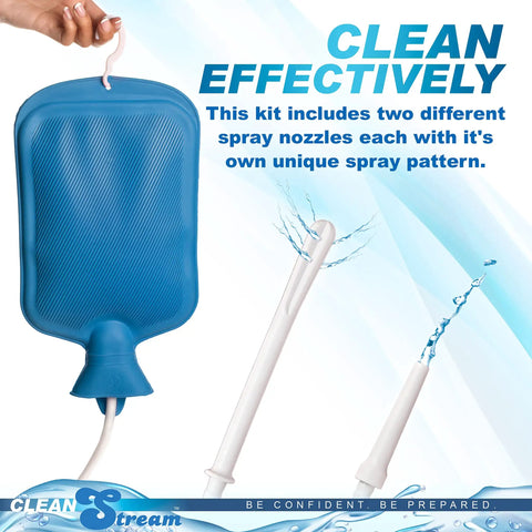 Enema Cleaning Kit With 2 Quart Rubber Water Bottle, flexible tube, tapered nozzles, flow control displayed effectively.