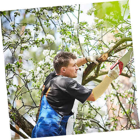 Man using Heavy Duty Aramid Arm Guards For Women, Badass Forearm Shields For Gardening And Yard Work, Cut Resistant Sleeves while pruning a tree.