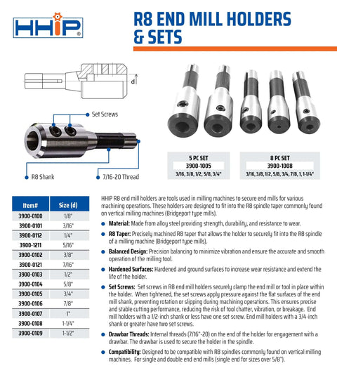 HHIP R8 end mill holder, 1 inch, steel, displayed with several holders in a row