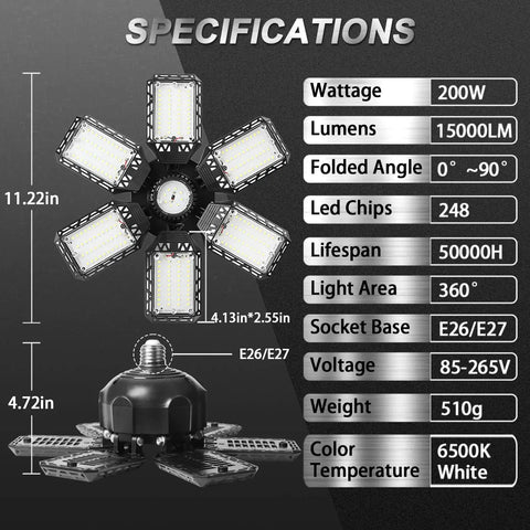 Ultra Bright 240W LED Garage Ceiling Light Fixture with specs including 200W, 15000LM, 248 LEDs, 6+1 panels, and 360° coverage