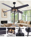 Living room with Dope Industrial Rustic 52 Inch Ceiling Fan With Light And Remote, caged farmhouse style, visible details, oil rubbed bronze finish.