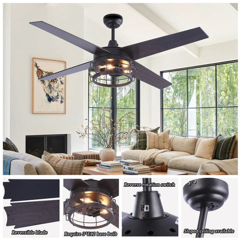 Living room with Dope Industrial Rustic 52 Inch Ceiling Fan With Light And Remote, caged farmhouse style, visible details, oil rubbed bronze finish.