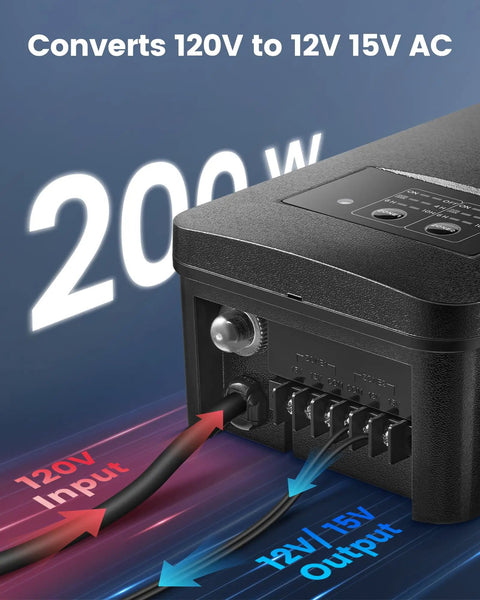 Close-up of 200W Low Voltage Outdoor Landscape Transformer With Photocell Sensor And Timer Auto On At Sunset, showing 120V AC to 12V 15V output.