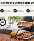 Grab And Go BBQ Prep Tub With Blanket 16L Collapsible Dish Basin And Cutting Board With Lid For Meal Prep Marinating Grilling Outdoor Cooking And Camping Portable XL Food Storage Solution featuring meat preparation setup on table outdoors.