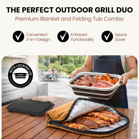 Grab And Go BBQ Prep Tub With Blanket 16L Collapsible Dish Basin And Cutting Board With Lid For Meal Prep Marinating Grilling Outdoor Cooking And Camping Portable XL Food Storage Solution featuring meat preparation setup on table outdoors.