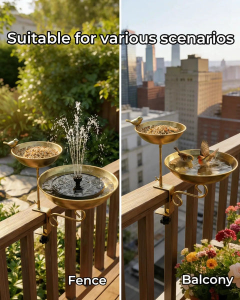 Dual Tier Deck Mounted Bird Bath With Grip Guard Railing Clamp And Seed Feeder For Balconies Apartments And Patios Hustle Free Setup featuring birds, water fountain, and seed feeder.