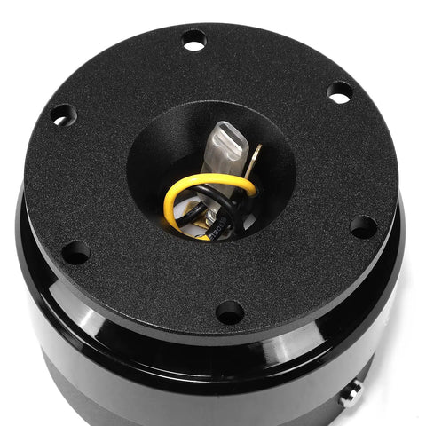 Race Steering Wheel Quick Release Kit For 6 Bolt 70mm And 74mm Hubs Gen 2.0 Black Body Black Ring close-up of hub connection.