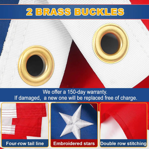 Close-up of brass grommets on the Heavy Duty 5x8 American Flag For Outdoor Use Built To Last Embroidered USA Stars And Stripes.