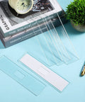 Clear Acrylic Wall Name Plate Holders 15 Pack 2 X 8 Inches shown on desk with adhesive tapes for office use