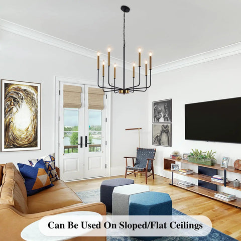 8 Light Farmhouse Chandelier With Dope Black And Gold Finish Modern Candle Pendant Lighting for Living Room on Flat Ceiling