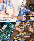 Collage of men using cordless soldering iron for home appliance, airplane model repair, and circuit board soldering