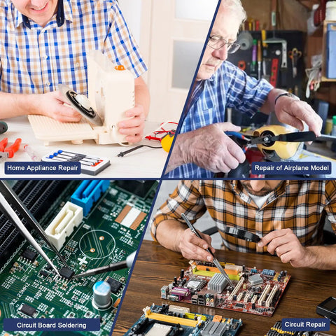 Collage of men using cordless soldering iron for home appliance, airplane model repair, and circuit board soldering