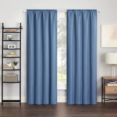 Matte White Curtain Rod Set 28 To 48 Inch 2 Pack With Brackets Splicing Adjustable Curtain Rod For Bedroom Kitchen Living Room Five Eighths Inch Diameter No Fuss Easy Install And Modern Look installed with blue curtains