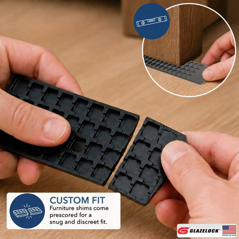 Hands snapping 5.5-inch prescored furniture shim. Five Point Five Inch Prescored Leveling Furniture Shims 12 Pack No Brainer Anti Wobble Wedges For Floors Protecting Table Legs Couch Feet And Chairs Stabilizers Made In USA