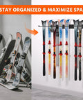 Wall Mounted Ski Rack With Extra Boot Hooks, Garage Game Changer Holds Eight Pair Skis displaying organized skis on wall.