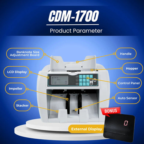 Front view of Money Counter Machine with UV MG IR Currency Detector, LCD display, labeled components, and external display.
