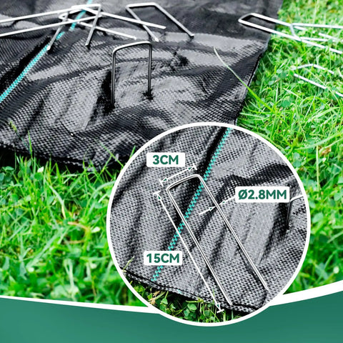 Heavy Duty 3.2Oz Weed Barrier Landscape Fabric 3Ft By 180Ft Woven Geotextile Weed Blocker with metal stakes on grass