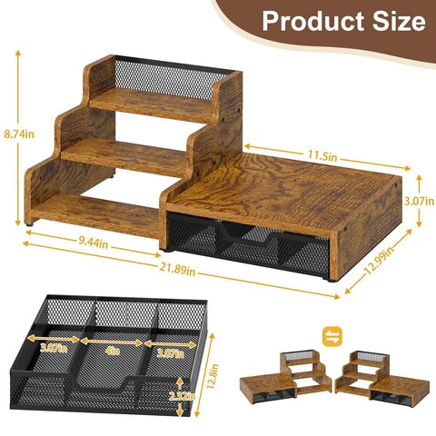 All In One Coffee Station Organizer With K Cup Holder And 28 Cup Capacity, Three Tier Syrup Rack And Drawer, Rustic Brown dimensions