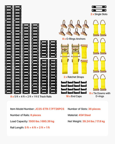 E Track Tie Down Rail Kit 36 Piece Set With Four Rails Sizes 1 2 4 5 Feet 2 Ratchet Straps 8 O Rings 8 Rope Tie Offs D Rings 2 Single Slots 16 End Caps For Vans Trailers displayed