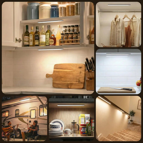 Wireless 126 LED Under Cabinet Lights With Motion Sensor Rechargeable 2500mAh Dimmable Magnetic Light Bar in various settings