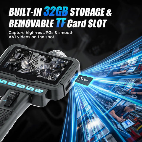 Two-Way 210 Degree Articulating Borescope Endoscope With Light 1080P Mechanic Inspection Tool showing removable 32GB storage