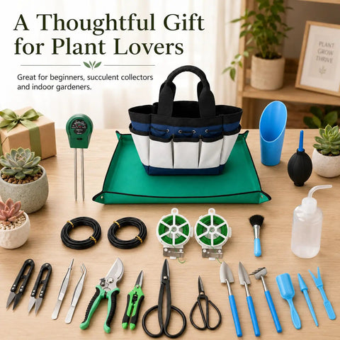 25 Piece Succulent And Bonsai Tools Set For Beginners Indoor Plant Care Kit With Repotting Mat Organizer Tote Soil Moisture Meter Pruning Shears Mini Garden Tools A Must Have Gift For Women And Men, arranged with tote and tools