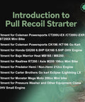 Text image listing compatible engines for Pull Starter Kit, including Predator 212cc and Honda GX160 models for various vehicles.