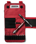 T Ratchet Torque Kit with Titanium Torsion Beam and 10 S2 High Vis Hex Torx Phillips Bits Waxed Canvas Carrying Case open view
