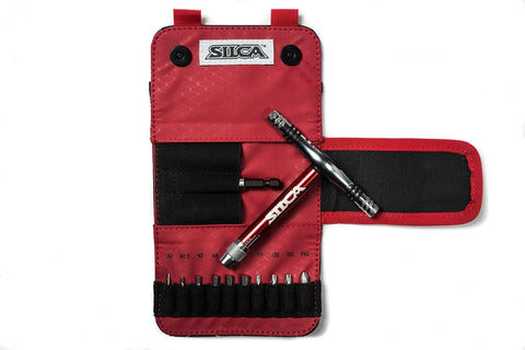 T Ratchet Torque Kit with Titanium Torsion Beam and 10 S2 High Vis Hex Torx Phillips Bits Waxed Canvas Carrying Case open view
